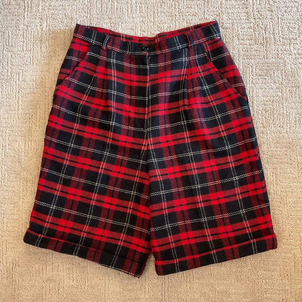 ♦️🖤Rare Vintage 70s/80s Women High Waist Wool Blend Pleated Plaid Shorts 28 EUC